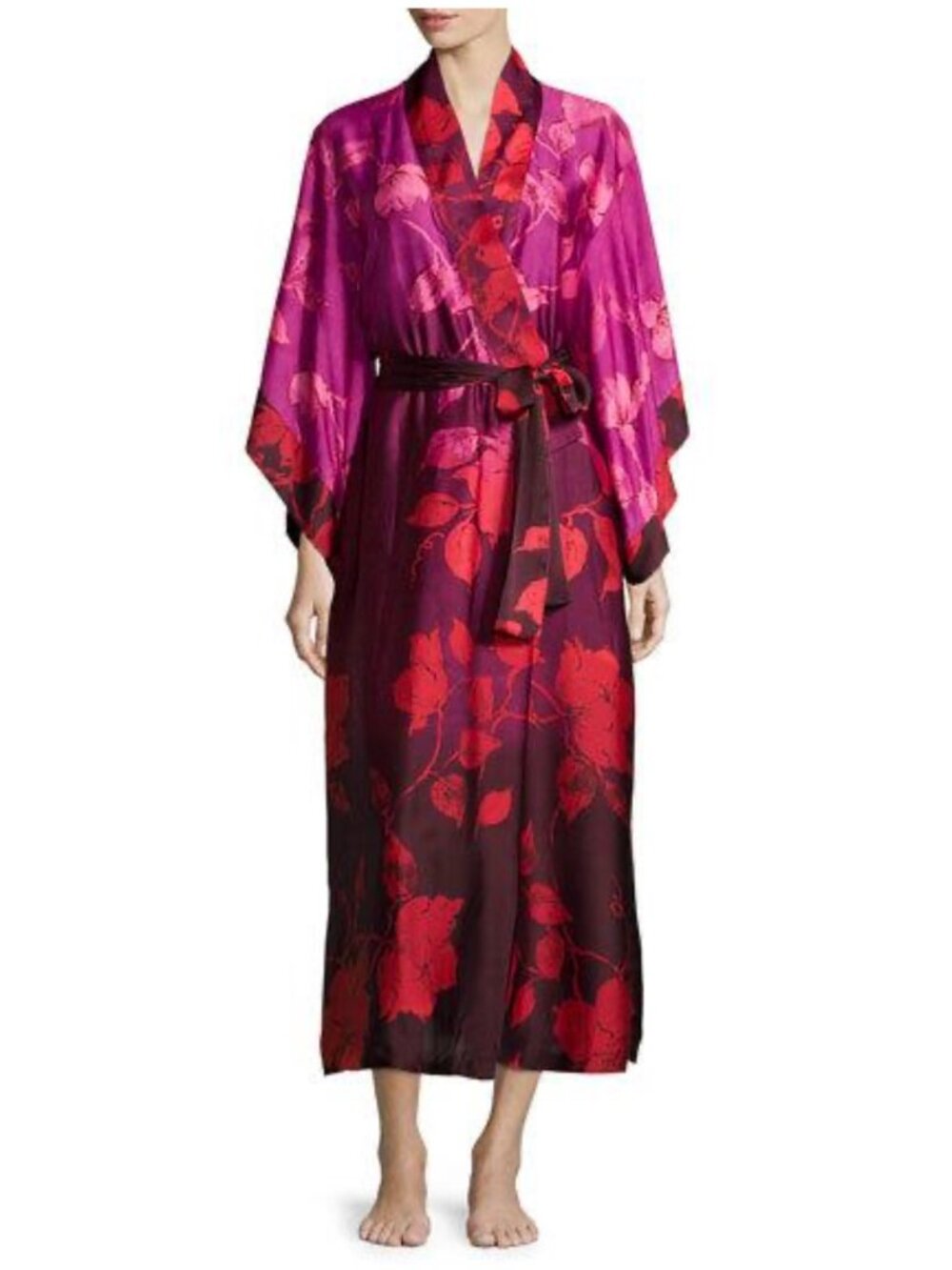 Natori Sophia Floral Wrap Print Satin Robe Purple Red Pink